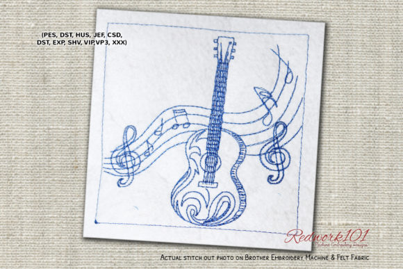 Guitar Redwork Design for Boutique Apparel